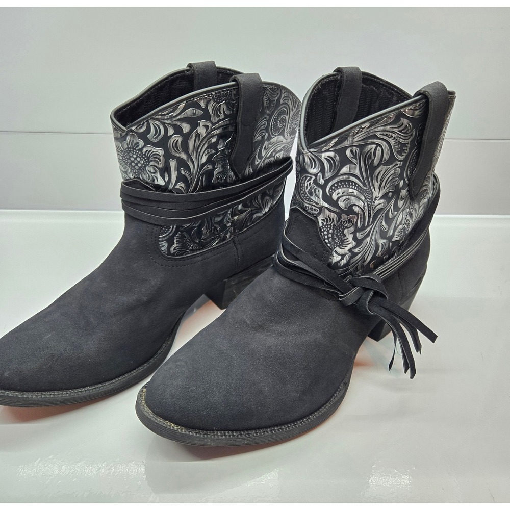 Dingo Womens Black Silver Floral Embossed Western Ankle Boots Fringe Size 9.5